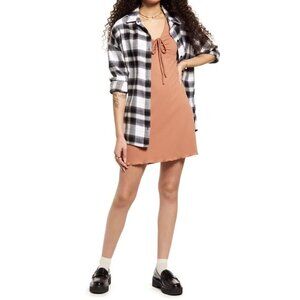 BP Women's Tie Front Lettuce Edge Mini dress V Neck Brown Tan Size Large